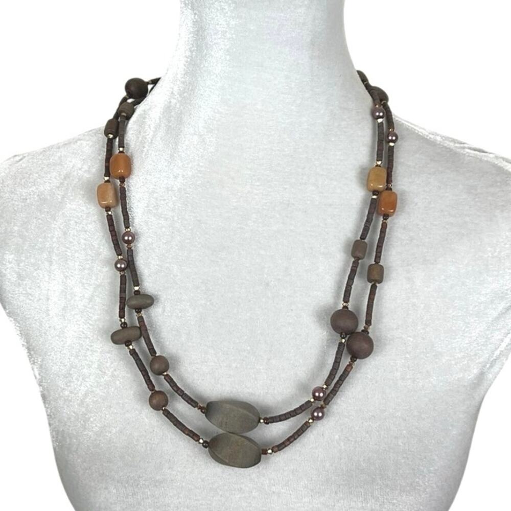 Brown and Orange Beaded Double Strand Layered Long Necklace